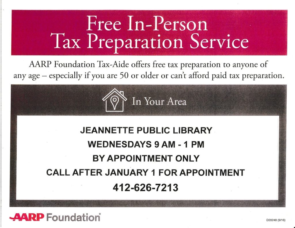 Free Tax Preparation Service Wednesdays by Appointment Only (Jeannette Library)