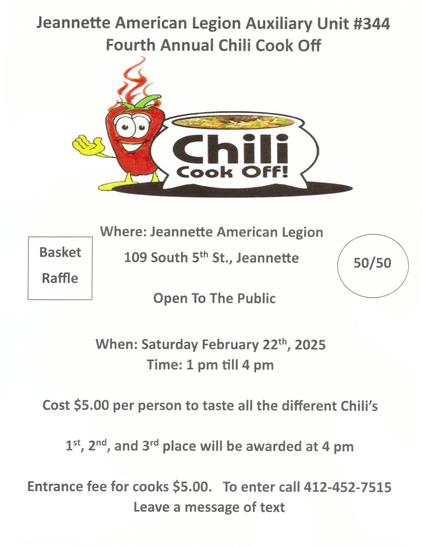 Chili Cookoff Sat. Feb. 22, 2025 1-4 PM (Jeannette American Legion)